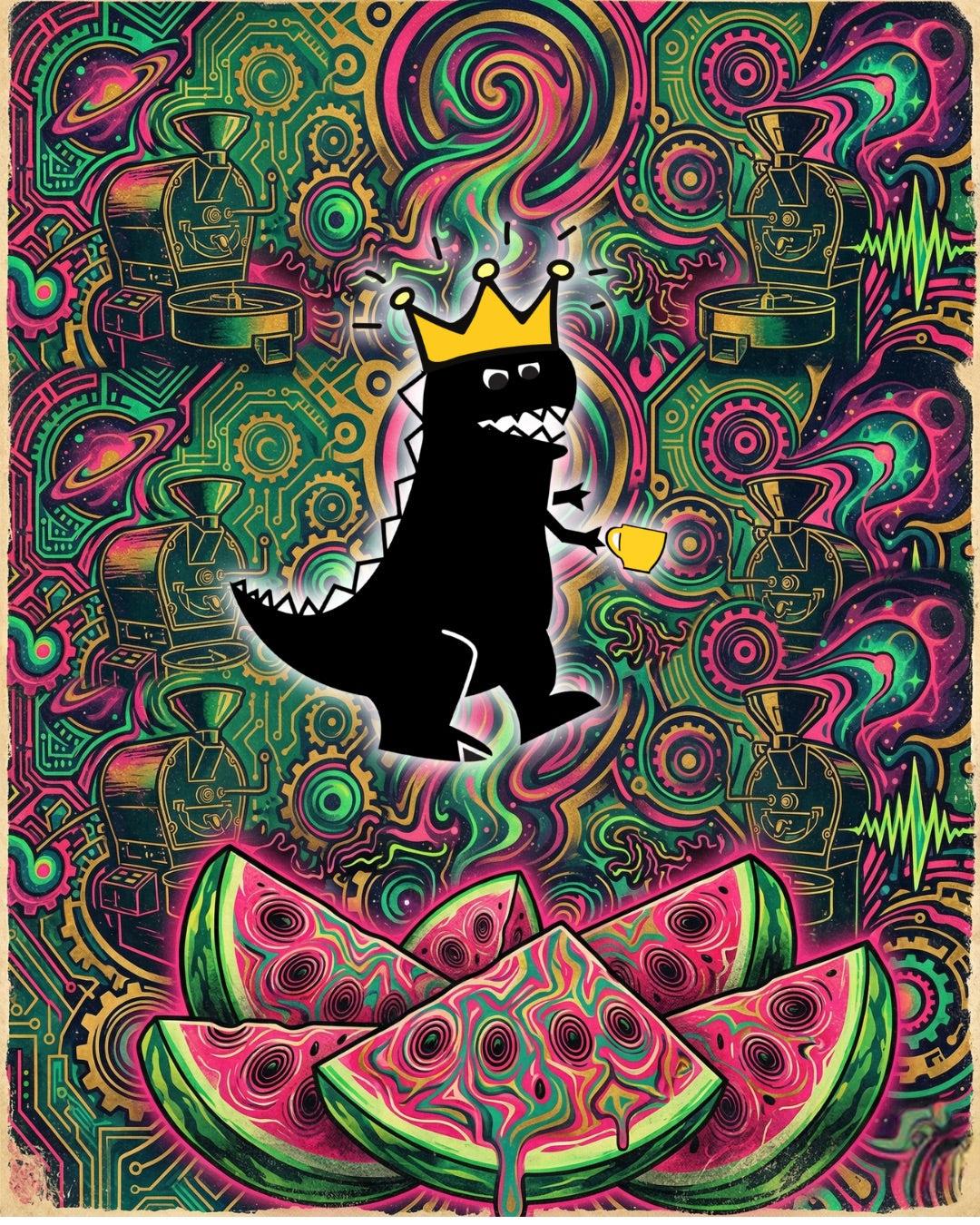 Mamu Coffee's Vault Watermelon specialty whole bean coffee art. A psychedelic art print featuring a black silhouette of a dinosaur-like creature wearing a gold crown and holding a yellow cup, set against a complex background of neon green, pink, and purple circuit board patterns and abstract swirls, with stylized watermelon slices at the bottom.