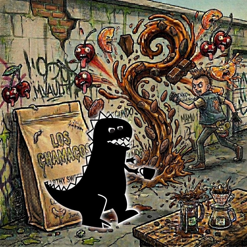 Mamu Coffee's Chamacos specialty whole bean coffee art featuring a stylized illustrated scene showing a black dinosaur-like silhouette standing in front of a large brown swirl of coffee beans and fruit, with a bag labeled 'Los Chamaco' on the left and a boy running through the background. The artwork is highly graphic and surreal, with graffiti walls and coffee cups in the foreground.