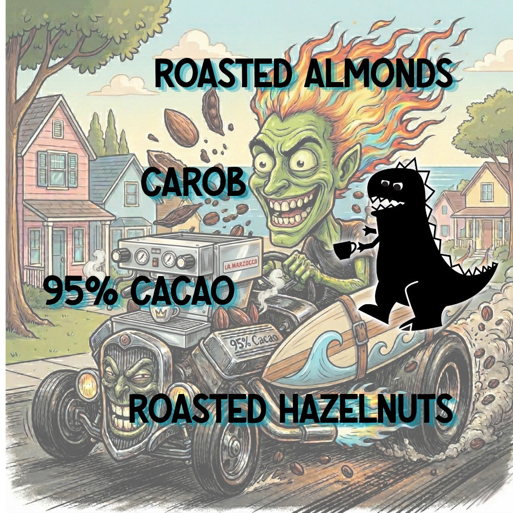Mamu Coffee's La Chingona tasting notes artwork, featuring an illustrated product graphic for roasted almonds, carob, and roasted hazelnuts. A cartoon green monster drives a hot rod with flames, while a black dinosaur-like silhouette holds a cup.