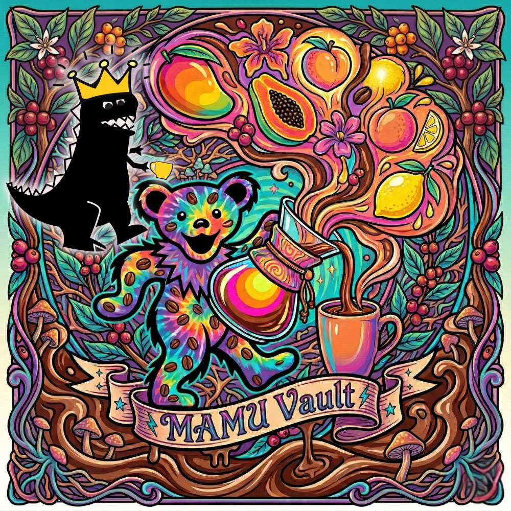 Mamu Coffee's Campo Hermoso Pink Bourbon specialty whole bean coffee art featuring a colorful psychedelic illustrated album cover or poster with the text 'MAMU Vault' on a banner at the bottom. The artwork shows a black dinosaur-like figure wearing a gold crown, a multicolored grumpy bear, fruit elements, flowers, mushrooms, and swirling decorative motifs on a teal background.