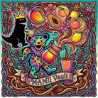 Mamu Coffee's Campo Hermoso Pink Bourbon specialty whole bean coffee art featuring a colorful psychedelic illustrated album cover or poster with the text 'MAMU Vault' on a banner at the bottom. The artwork shows a black dinosaur-like figure wearing a gold crown, a multicolored grumpy bear, fruit elements, flowers, mushrooms, and swirling decorative motifs on a teal background.
