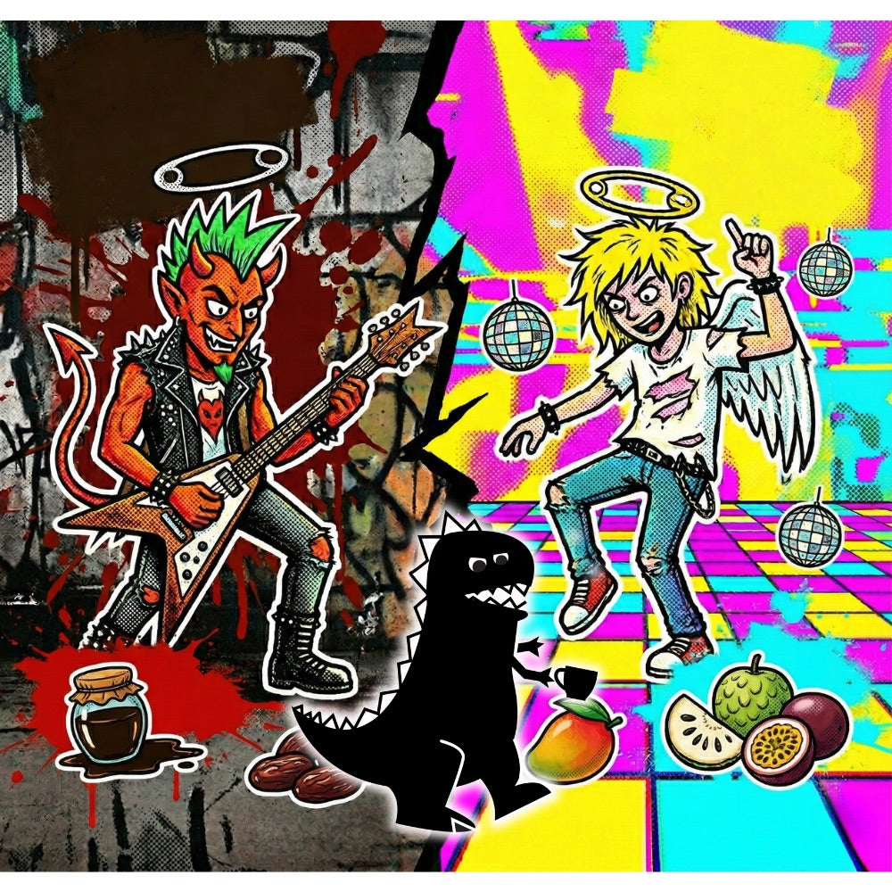 Mamu Coffee's Chulada tasting notes artwork, featuring cartoon characters with devil and angel attire on a colorful, abstract background.