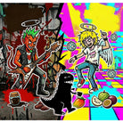 Mamu Coffee's Chulada tasting notes artwork, featuring cartoon characters with devil and angel attire on a colorful, abstract background.