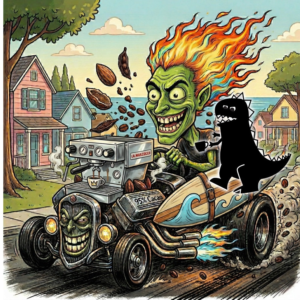Mamu Coffee's La Chingona specialty whole bean coffee featuring a cartoon character driving a car with a coffee machine, surrounded by houses and trees.