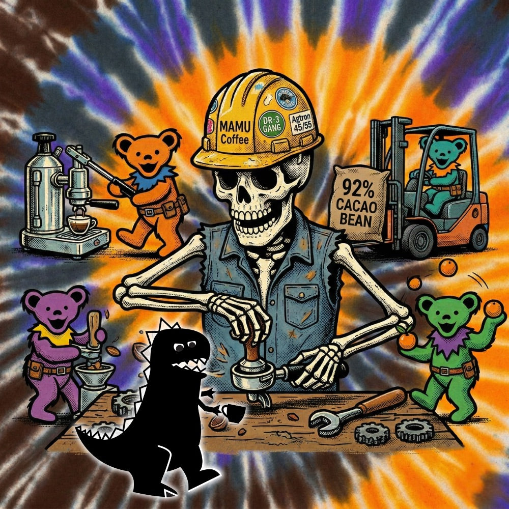 Mamu Coffee's Momento specialty whole bean coffee art featuring a colorful tie-dye background with a skeleton wearing a hard hat, bears, and machinery.