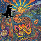 Mamu Coffee's Santo specialty whole bean coffee art featuring a colorful abstract artwork with a dinosaur, sun, mountains, and fruits.