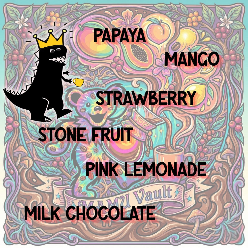 Mamu Coffee's Campo Hermoso Pink Bourbon tasting notes artwork, featuring a colorful label with cartoon dinosaur, fruit illustrations, and text on a decorative background.