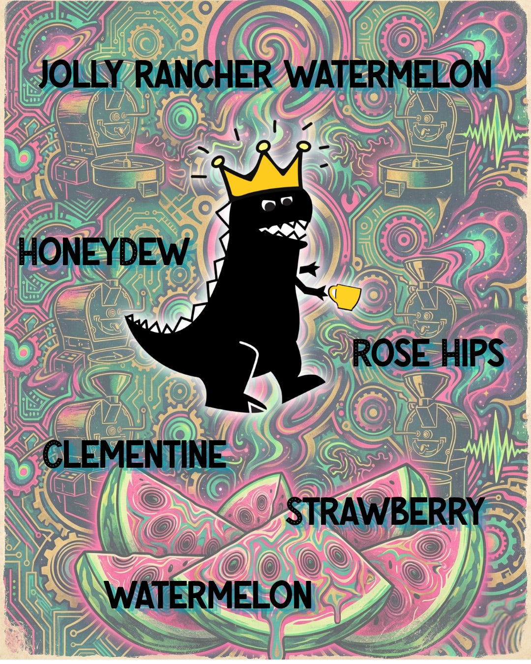 Mamu Coffee's Vault Watermelon tasting notes artwork, featuring an illustration of a cartoon character with a crown on a colorful, abstract background with text about Jolly Rancher flavors.