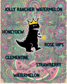 Mamu Coffee's Vault Watermelon tasting notes artwork, featuring an illustration of a cartoon character with a crown on a colorful, abstract background with text about Jolly Rancher flavors.