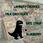Mamu Coffee's Chamacos tasting notes artwork, featuring an illustration of a dinosaur with text about Lambert Cherries chocolate flavors.