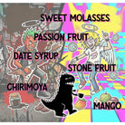 Mamu Coffee's Chulada tasting notes artwork, featuring a colorful graphic with cartoon characters and text about sweet molasses and fruits on a multicolored background.