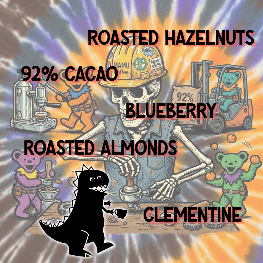 Mamu Coffee's Momento tasting notes artwork, featuring a colorful graphic with skeleton, coffee beans, and text on a tie-dye background