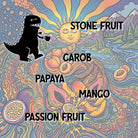 Mamu Coffee's Santo tasting notes artwork, featuring a colorful illustration with a dinosaur, fruits, and nature elements.